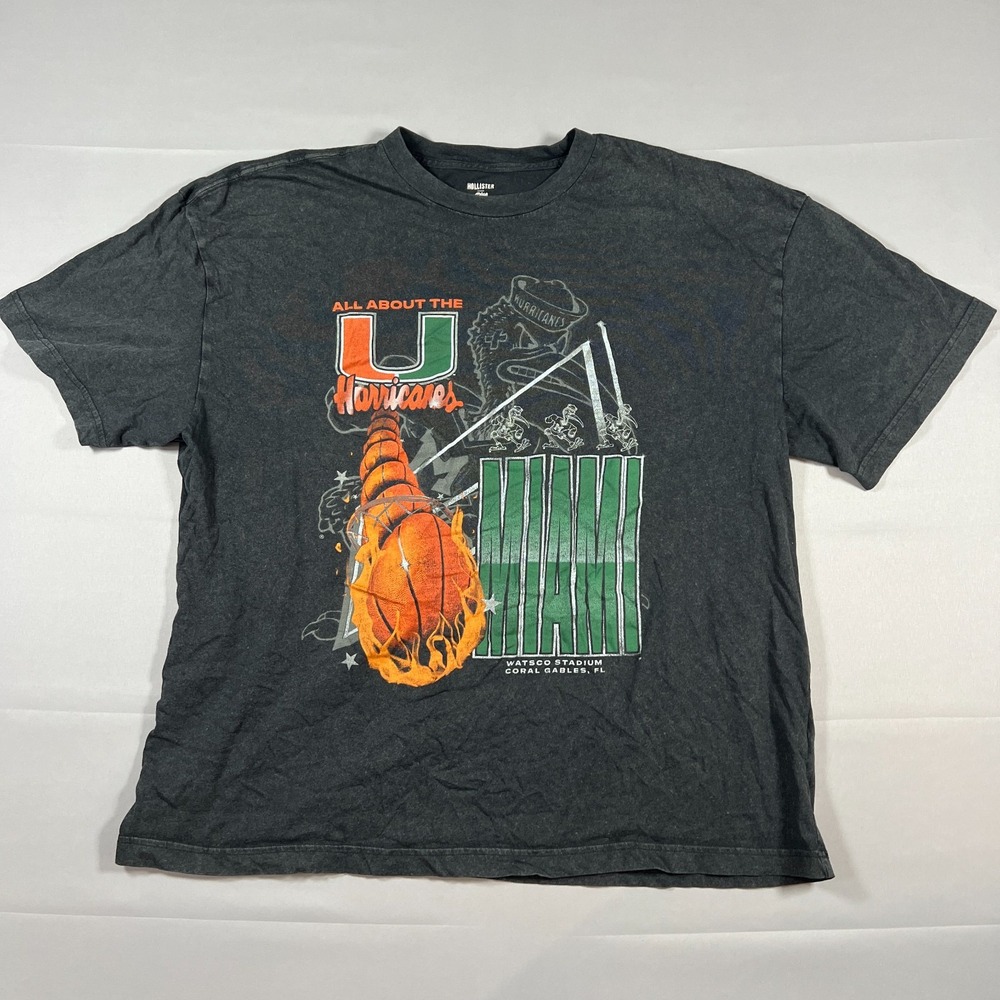 Hollister T Shirt Mens 2XL Black Boxy Fit Miami Hurricanes Football Team NCAA